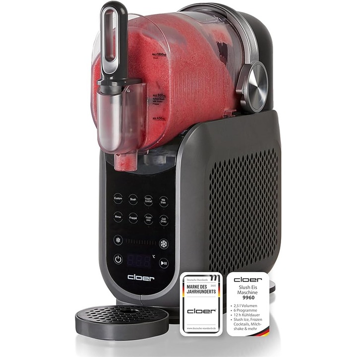 Masina de inghetata si slush Cloer 9960, capacitate 2, 5 L, 6 programe si 12 ore timp de racire, procesor alimentar cu control tactil pentru slush, cocktailuri inghetate, milkshake, suc inghetat si bauturi reci