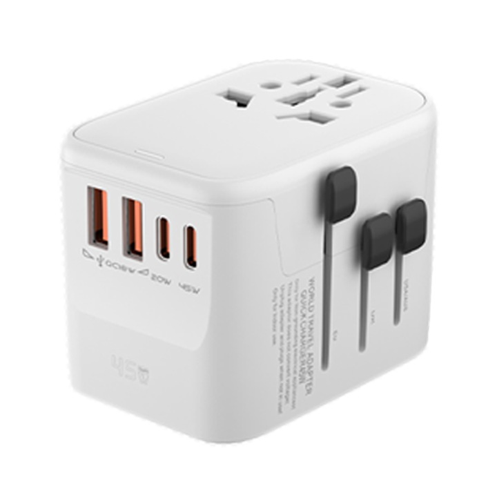 Univerzális Nemzetközi Utazó Adapter, GaN 45W, Nemzetközi Utazó Aljzat Konverter, 2xQC18W+1x20W Type-C+1x45W Type-C US, UK, EU, AU, CN csatlakozókhoz, Kettős biztonság 10A, Fehér