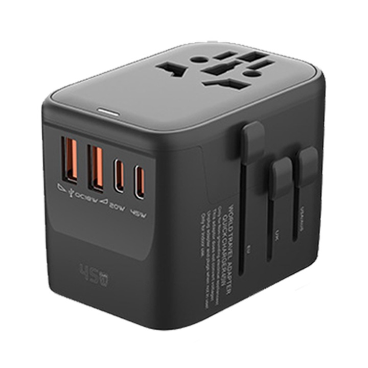 Adaptor Priza Universal International de Calatorie, GaN 45W, International Priza de Calatorie Convertor,2xQC18W+1x20W Type-C+1x45W Type-C pentru US, UK, EU, AU, CN, Siguranta dubla 10A, Negru
