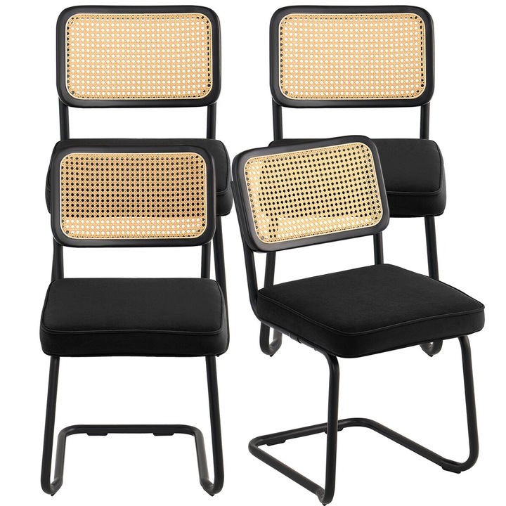 Set de 4 scaune din ratan, VEVOR, stil retro-modern, tapitate cu catifea, cadru metalic, negru, dimensiuni 17.71x22.44x32.87 in
