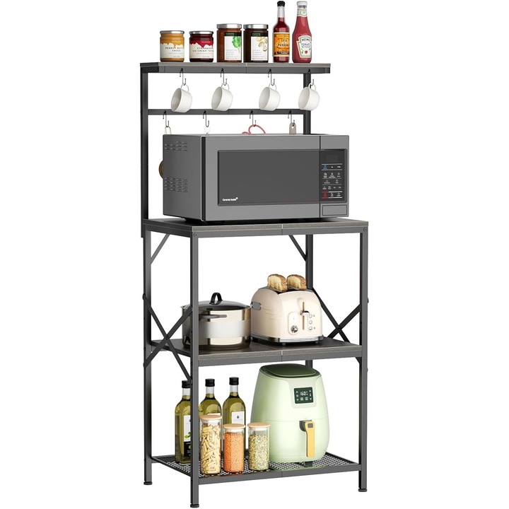 Raft de bucatarie UWOT pentru coacere, din metal si lemn, Gri, raft mic de patru etaje pentru cafenea, cu 8 carlige in forma de S, rafturi reglabile/picioruse, raft independent pentru depozitarea aparatelor de bucatarie, 53 x 37 x 125.5 cm