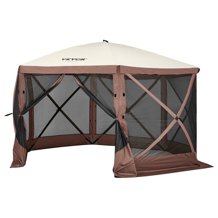 Pavilion pop-up VEVOR, 6 laturi, 12.5x12.5FT, impermeabil, cu plasa anti-insecte, culoare maro, capacitate 8 persoane