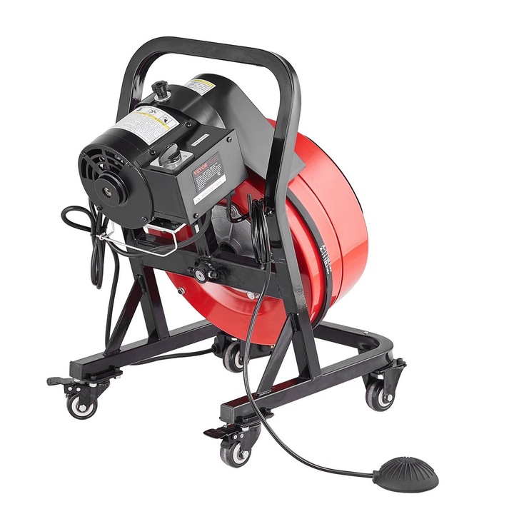 Masina de curatat canalizari VEVOR 50FT x 1/2 inch, cu roti, 4 taietoare, rosu si negru, dimensiuni 21.4x14.2x23.8 in