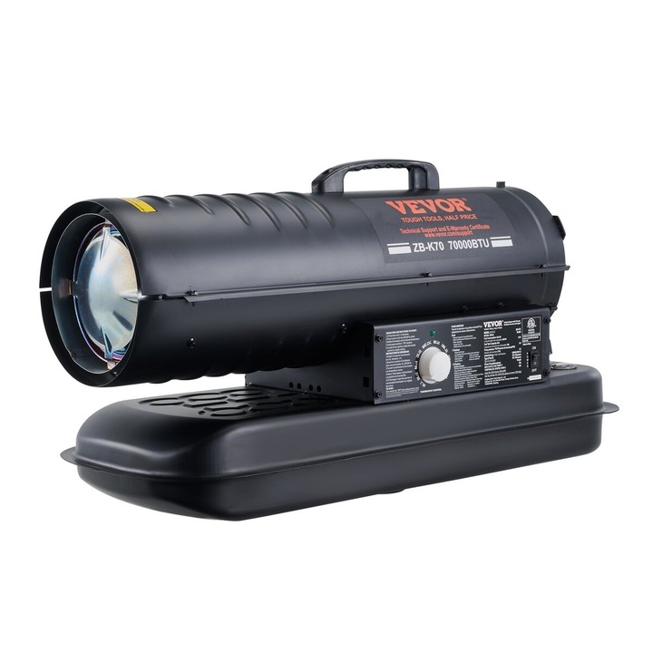 VEVOR ipari hőlégfúvó, 70000 BTU, termosztáttal, 19L, fekete, méretei 870x385x550mm