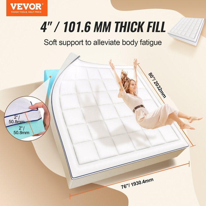 Topper saltea VEVOR, 4" Memory Foam, 76"x80", 2 straturi, multicolor
