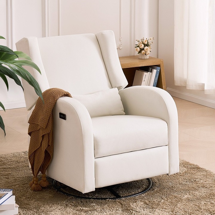 VEVOR elektromos dönthető és forgó glider fotel, fehér színű, méretek 950x740x980mm, teherbírás 113.4kg