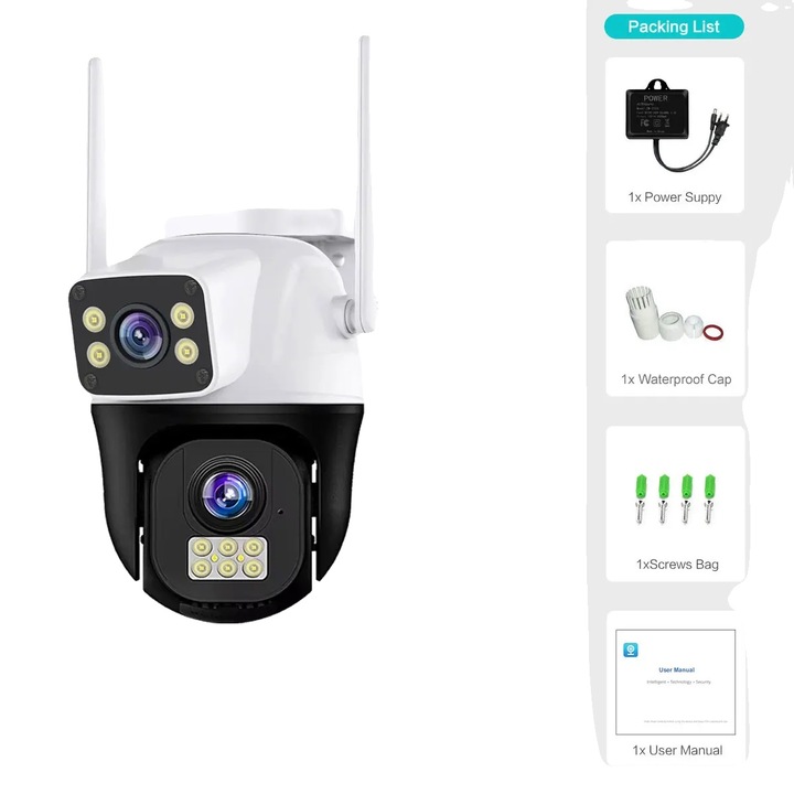 Камера за наблюдение, 8MP, две лещи, WiFi и кабелна свързаност, нощно виждане, двупосочно аудио