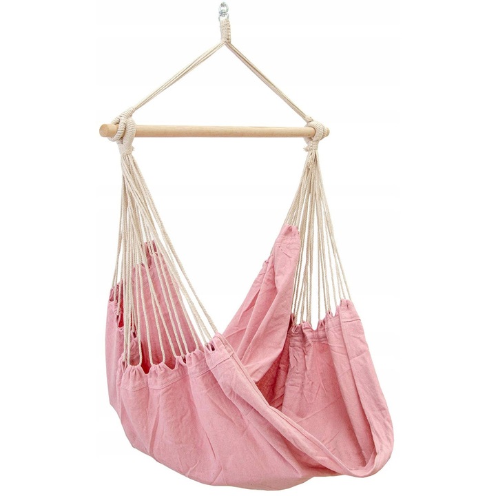 Hamac leagan XXL, roz, 185x130cm, pentru 2 persoane, din bumbac, set complet