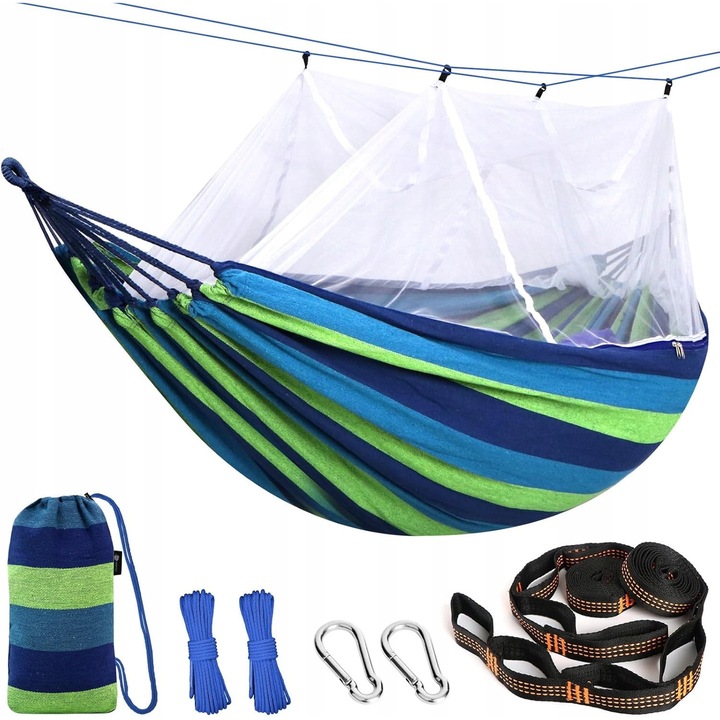 Hamak cu moskitiera, 275x150cm, capacitate 204kg, bumbac, set complet pentru camping si gradina