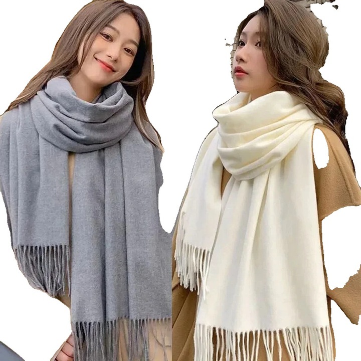 Esarfa de iarna, 2 bucati, design sal, material moale, gri-alb, 200x70cm