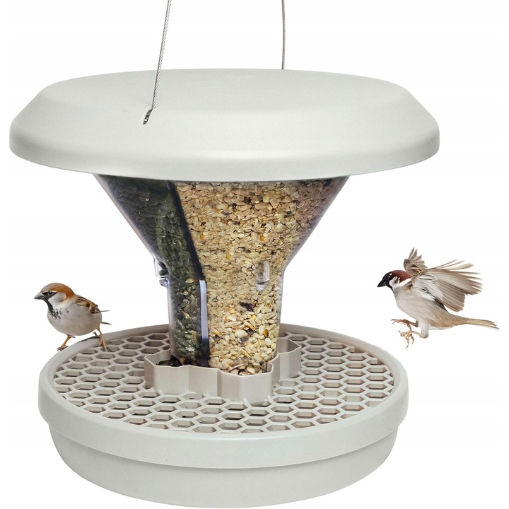 Hranitor pentru pasari, 24,5x24,5x22,5cm, capacitate 1300ml, sistem anti-rozatoare, culoare gri deschis