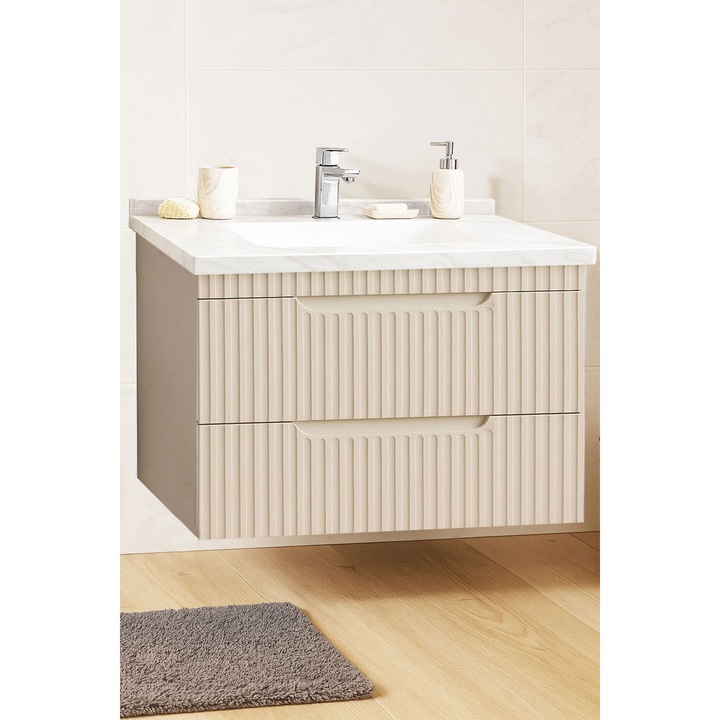 Mobilier de baie Baza MDF si lavoar granit Dubai, cu soft-close, Badenmob, seria 833, Suspendat cu Sertare, 80x54x46cm, Crem