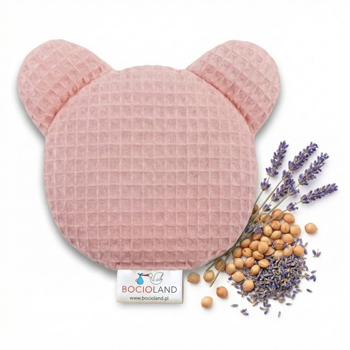Pernuta anticolici cu samburi de cirese si lavanda Bocioland Teddy Roz diametru 14 cm, husa din bumbac 100% cu textura waffle, utilizare rece/cald