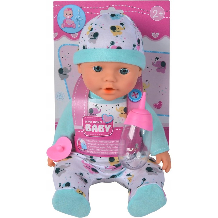Papusa nou-nascut din vinil 30 cm, functie de baut si urinat, cu sticla si suzeta, motiv elefant