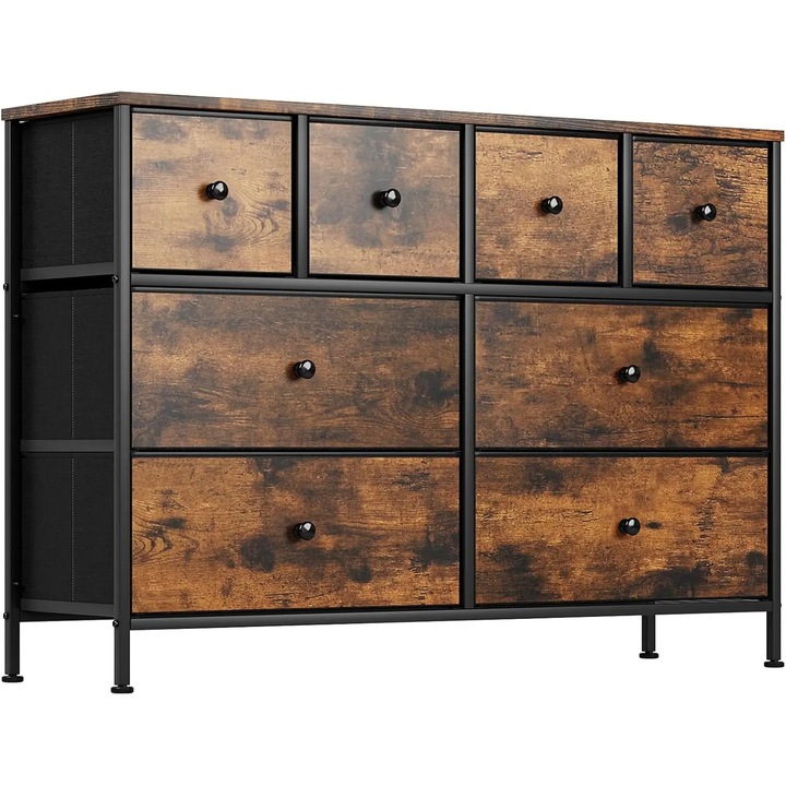 Comodă cu 12 sertare, cadru din lemn, manere metalice, argintie, 104x29x70 cm