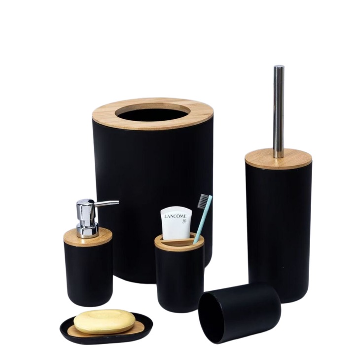 Set de baie din 6 piese, care include cos de gunoi, perie de toaleta, flacon cu pompa, pahar pentru apa, pahar pentru apa cu compartiment si suport pentru sapun, material rezistent si durabil, culoare neagra
