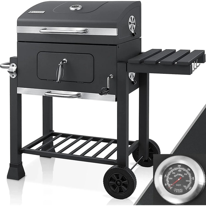 Gratar BBQ de gradina, Gratar pe carbuni tip carucior XXL, 5–10 Persoane, 2 Roti, Otel, Vopsit in camp electrostatic, Certificat CE, Protectie la suprapresiune