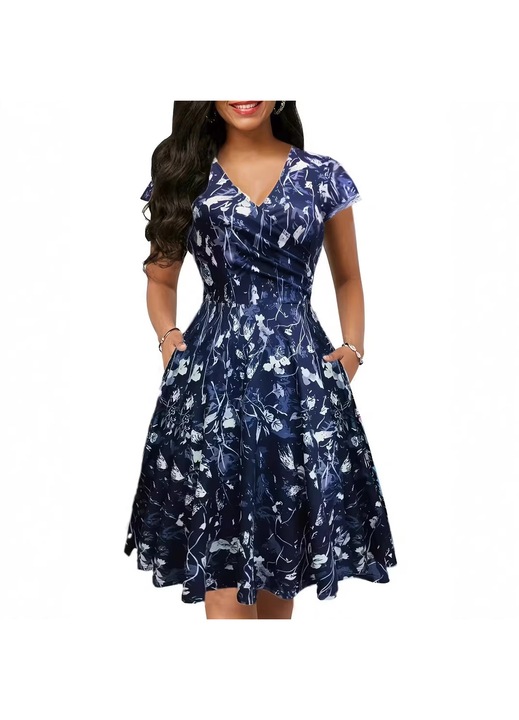 Rochie dama, JALWO, Dimensiune mare, maneca scurta, imprimat, elegant, guler in V, albastru inchis, Albastru inchis