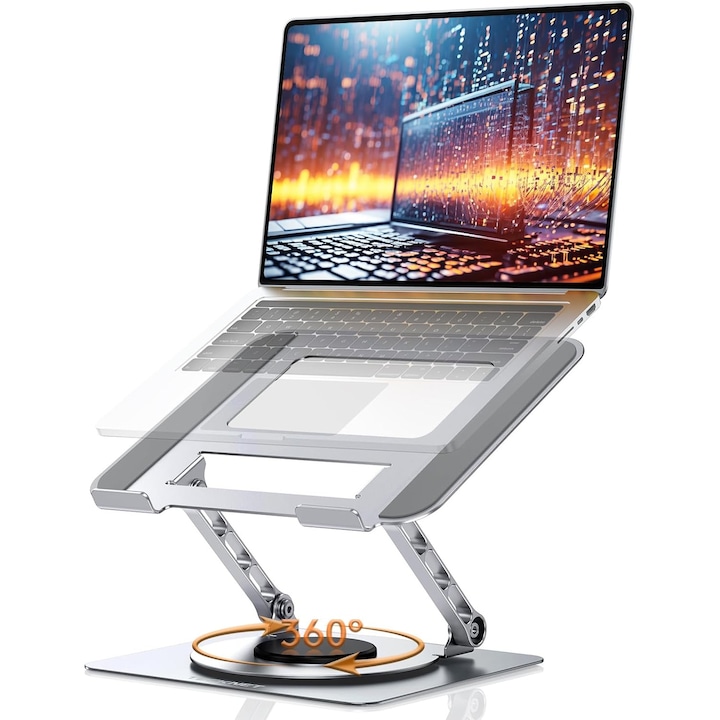 Suport pentru Laptop pliabil, Baza rotativa la 360°, Din Aluminiu, Ergonomic si pliabil, Inaltime reglabila, Standuri pentru laptopuri de 10-17", Argint