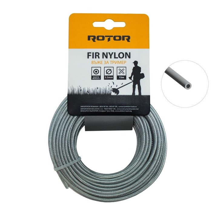 Fir nylon cu insertie otel, profil rotund 3, 5 mm x 15 m pentru motocoasa ROTOR