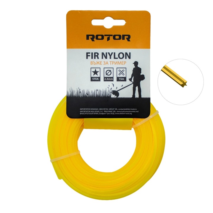 Fir nylon profil stea 2, 4 mm x 15 m pentru motocoasa ROTOR