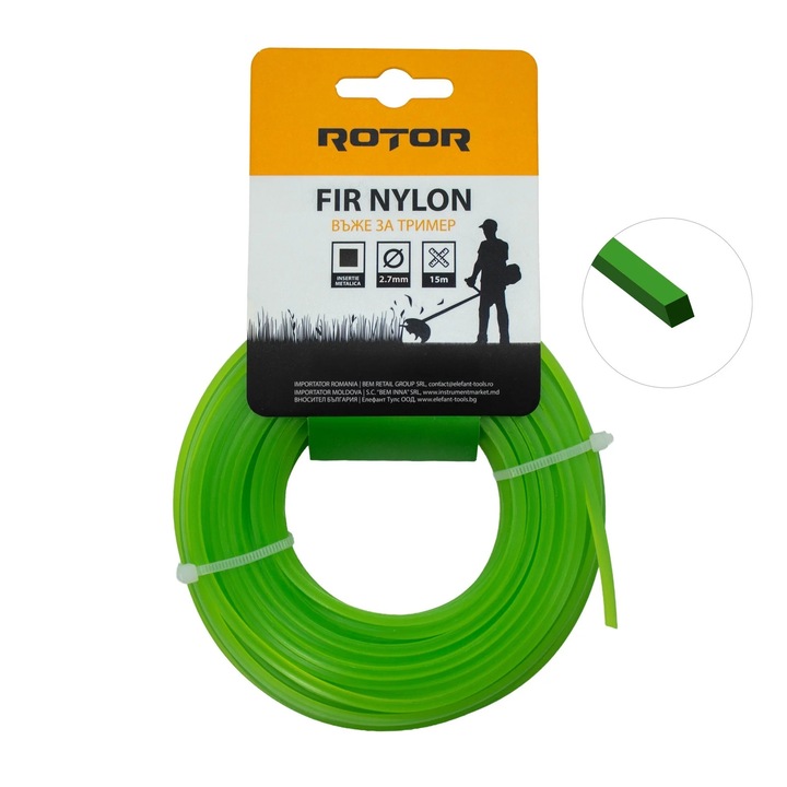 Fir nylon profil patrat 2, 7 mm x 15 m pentru motocoasa ROTOR