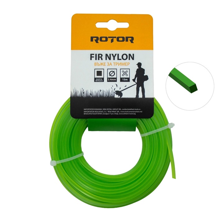 Fir nylon profil patrat 2, 4 mm x 15 m pentru motocoasa ROTOR