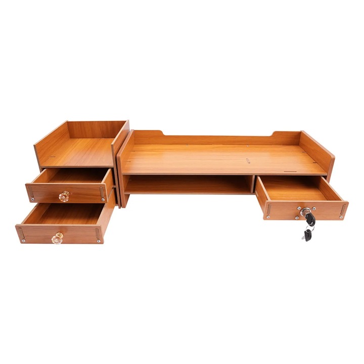 Organizator birou din lemn, suport monitor cu sertare, gri deschis, 65, 5x20x13, 5 cm