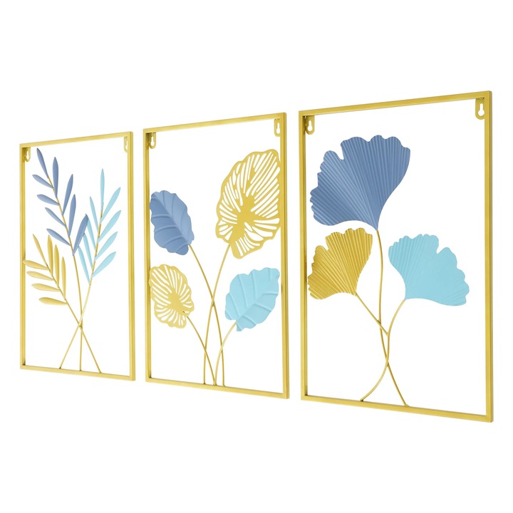 Set decor perete, 3 piese, ginkgo și spice de grâu, auriu + albastru, 30x43cm, stil modern