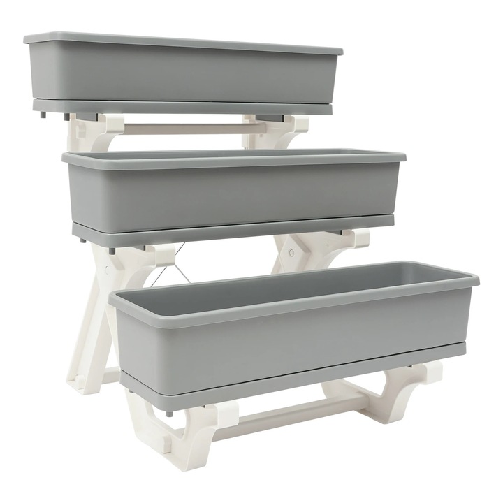 Jardinieră verticală, 3 niveluri, gri deschis, design înălțat, dimensiuni ideale pentru interior și exterior