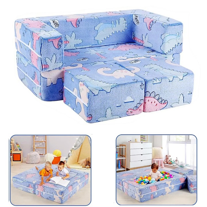 Canapea modulară pentru copii 3-in-1 cu dinozauri fosforescenți, Sherpa moale, Albastru, 143x45x70 cm