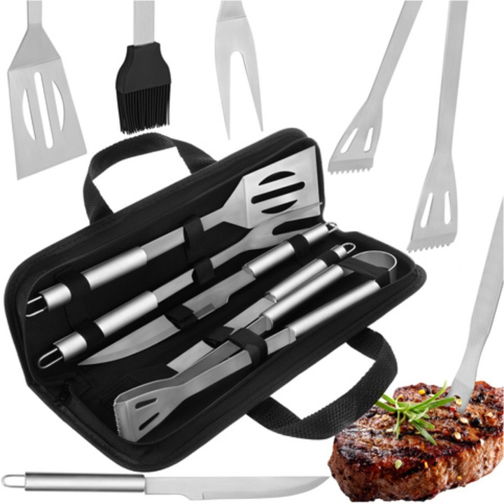 Set gratar 5 piese VarioShop®, din otel inoxidabil, cutie transport, cleste, spatula si perie, unelte complete pentru gratar, outdoor si picnic