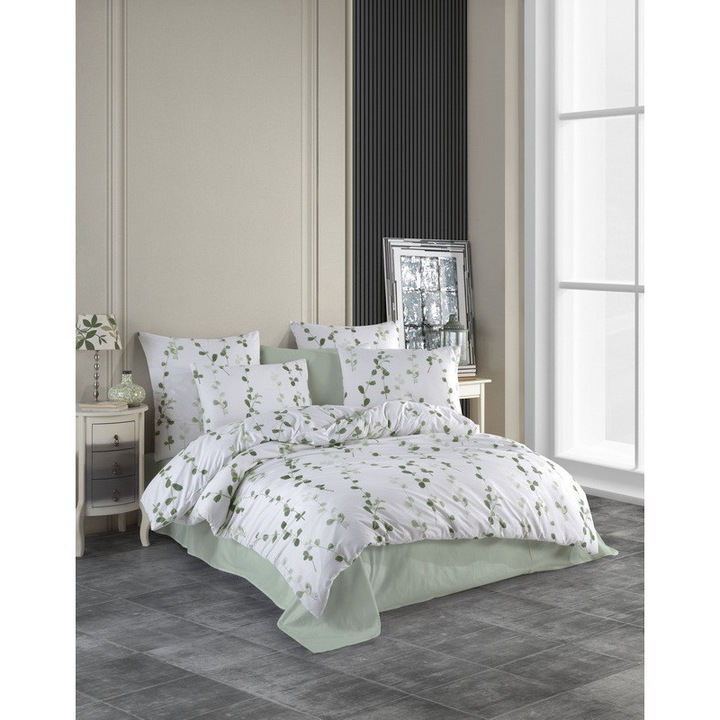 Set de lenjerie de pat dubla, bumbac 100%, cu 2 fete de perna de 50x70cm, Valentini Bianco, Antonia