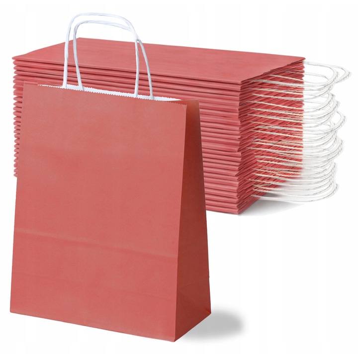 Set 25 torbe de hartie rosii 18x8x22,5 cm cu manere rasucite, 100g