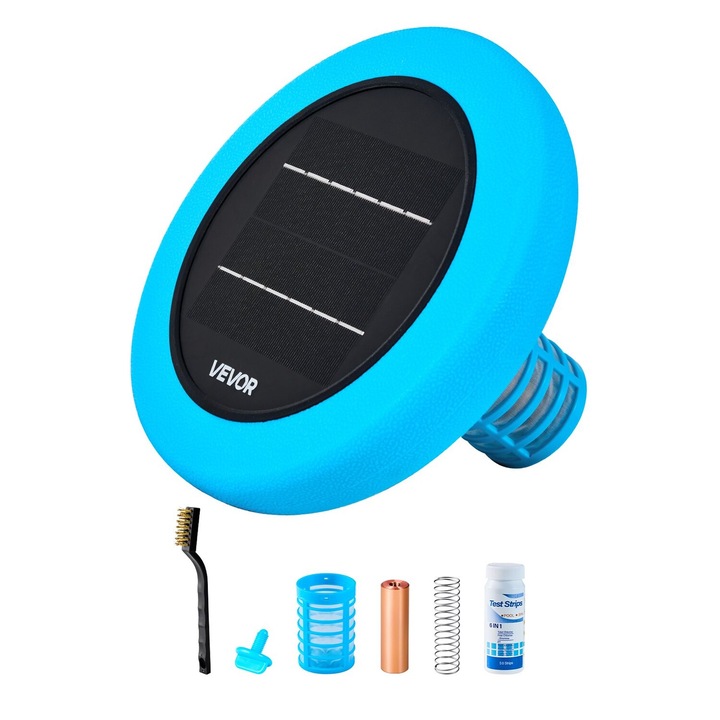 Ionizator solar pentru piscina, VEVOR, rotund, capacitate 170343 L, curatare automata, culoare albastra, dimensiuni 225x225x163 mm