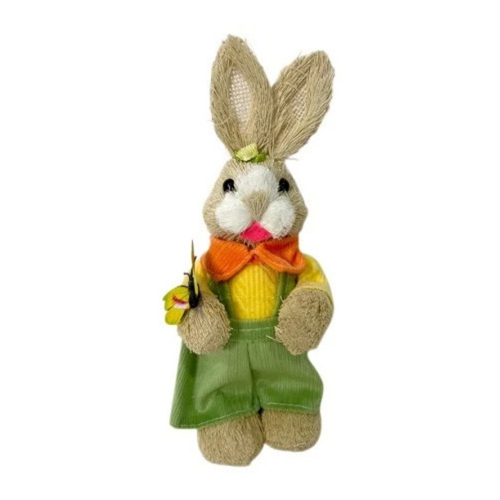 Decoratiune pentru Paste, iepuras rustic cu fluture, din paie si textil, Velve