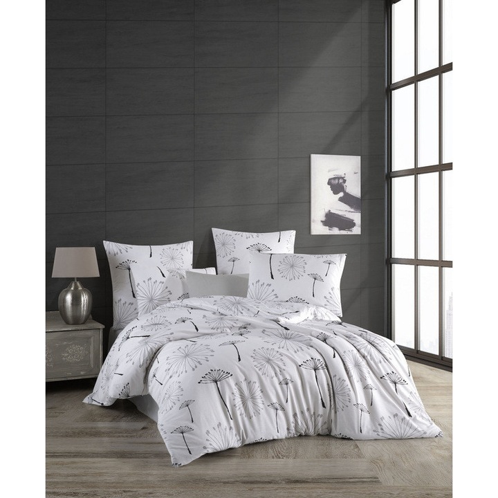 Set de lenjerie de pat dubla, bumbac 100%, cu 2 fete de perna de 50x70cm, Valentini Bianco, Arabella