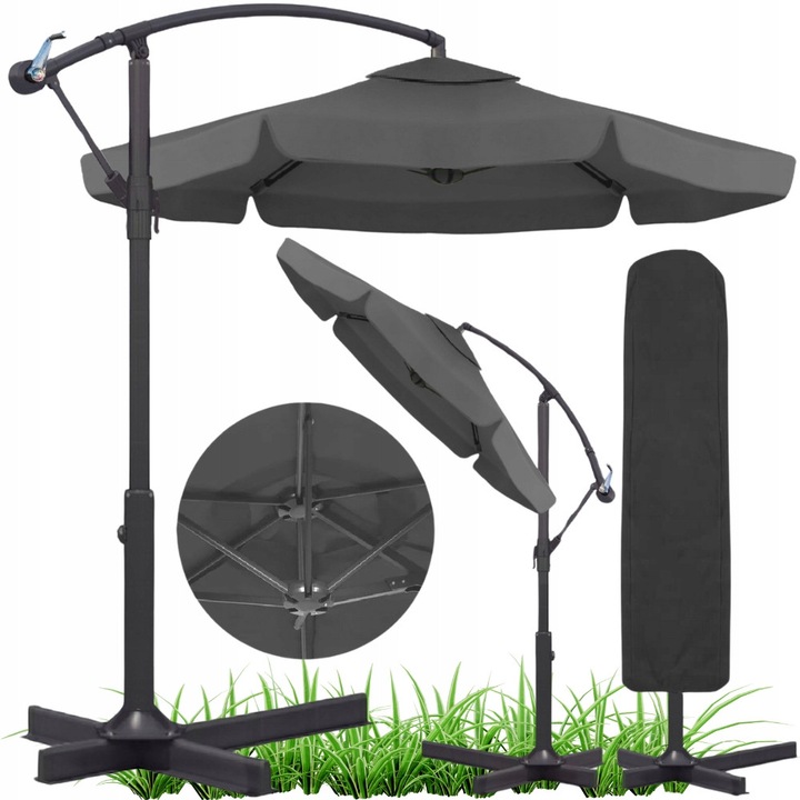 Umbrela de gradina cu stalp, 350x250cm, gri, set complet cu husa
