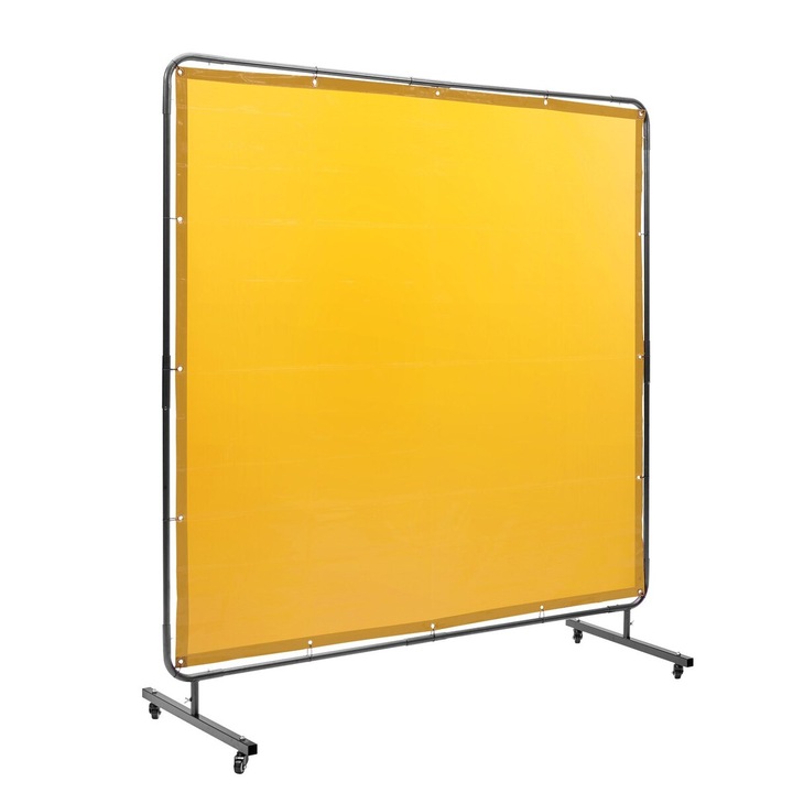 Ecran de sudura cu cadru, VEVOR, 1.8x1.8m, material vinil rezistent la flacara, culoare galbena, mobil, cu roti.
