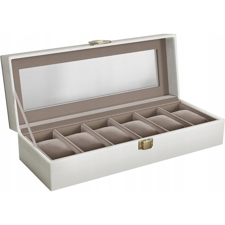 Cutie pentru ceasuri, 6 compartimente, sticla, artificiala piele, 30x11x8cm