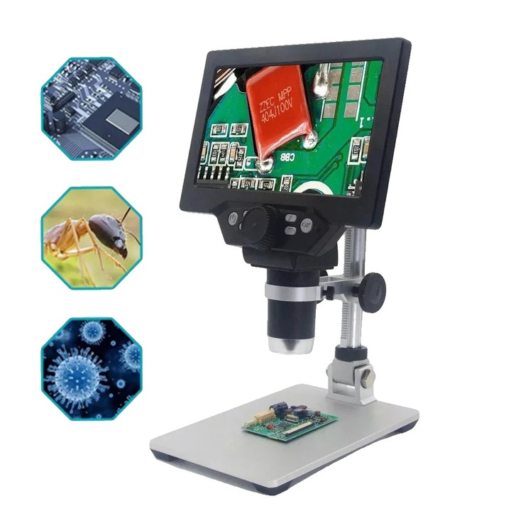 Дигитален микроскоп, 1X-1200X, 7-инчов екран, голяма основа, непрекъснато увеличение
