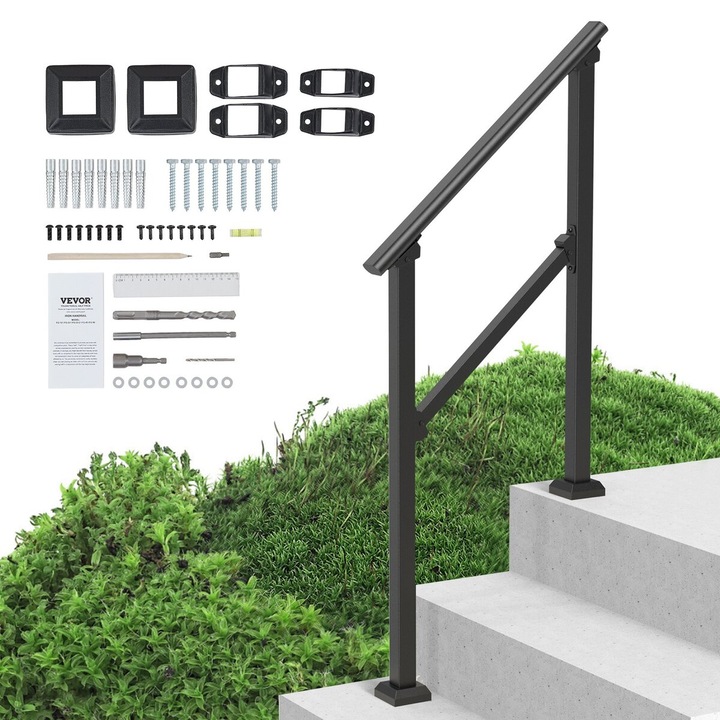Kit balustrade pentru exterior, VEVOR, 2-3 trepte, otel carbon, negru, dimensiuni 1030x84x920mm, 1 set