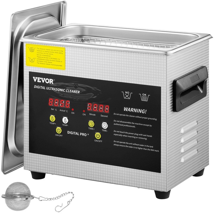 Curatator ultrasonic digital VEVOR 3L, 200W incalzitor, 120W ultrasonic, 265x165x225mm