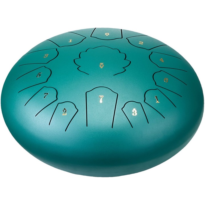 Toba de limba din otel, VEVOR, 12 inchi, 13 note, verde, 305x305x150mm, cu 2 ciocanele si geanta de transport