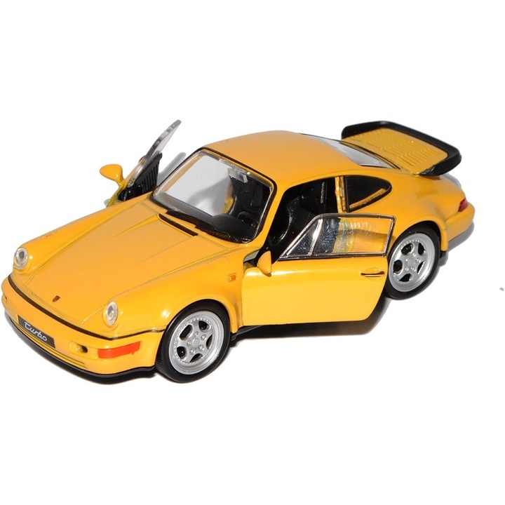 Masina de jucarie Porsche 911 Turbo, Macheta Autovehicul Emblematic, Welly, Scara 1:34, Galben, Dimesiuni 12x5cm