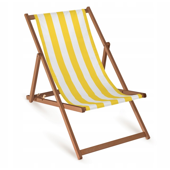 Sezlong pliabil din lemn cu dungi galbene si albe, Allbag, 110x55cm, 3 pozitii de inclinare, material textil premium
