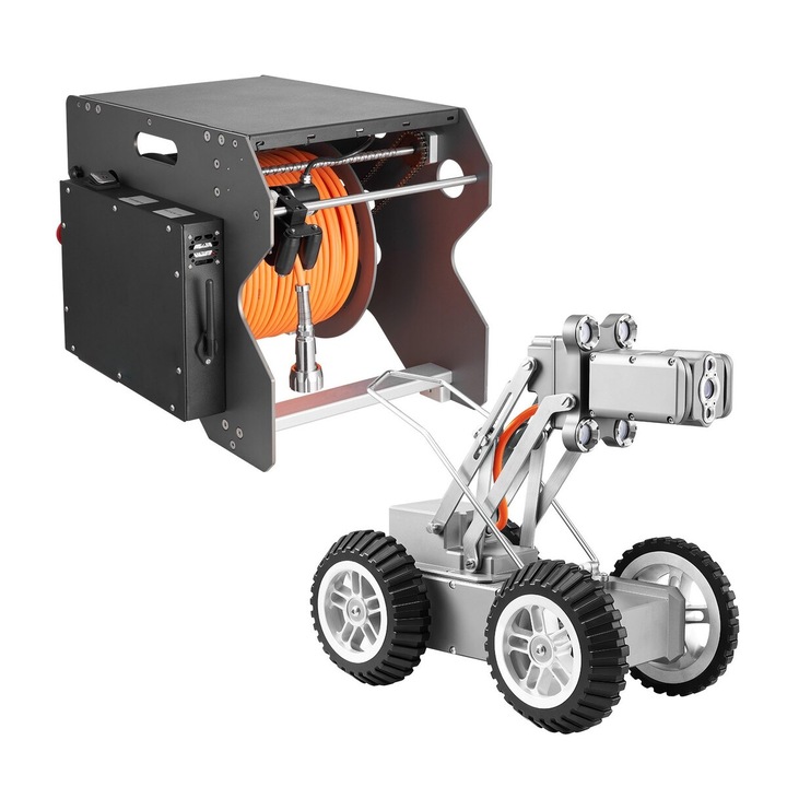 Robot de inspectie pentru conducte, VEVOR, 120m, camera 2MP, IP68, control touchscreen, dimensiuni 18.3x16.5x14.2in