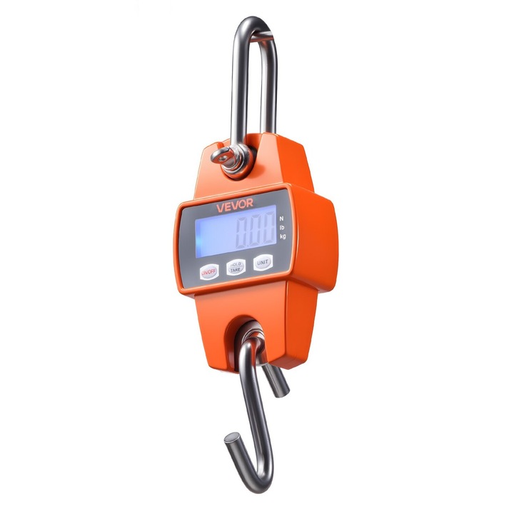 Cantar electronic portabil VEVOR, capacitate maxima 300 kg, carcasa din aluminiu turnat, display LCD, portocalie, dimensiuni 85x275x65mm