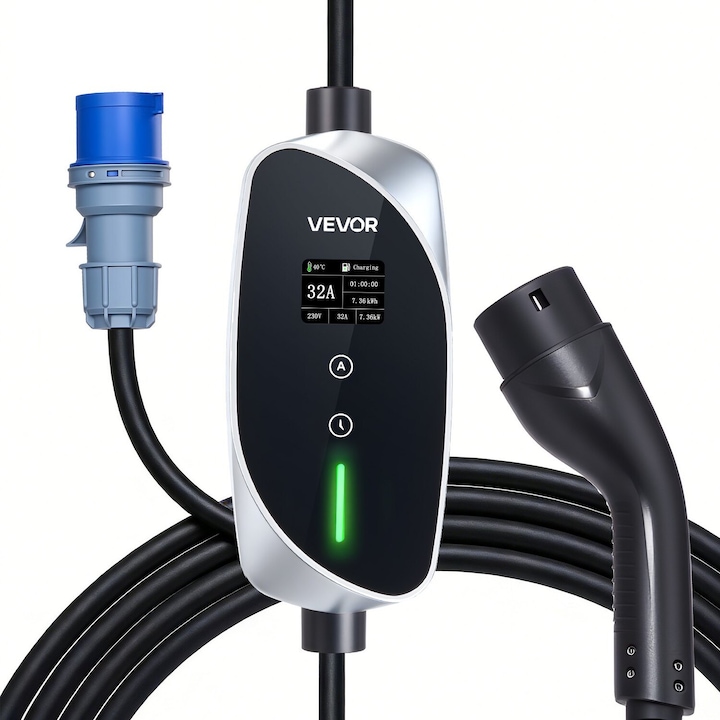 Statie incarcare vehicule electrice VEVOR, 7.4 kW, 32A, Tip 2, cablu de incarcare 6m, IP66, design compact si portabil