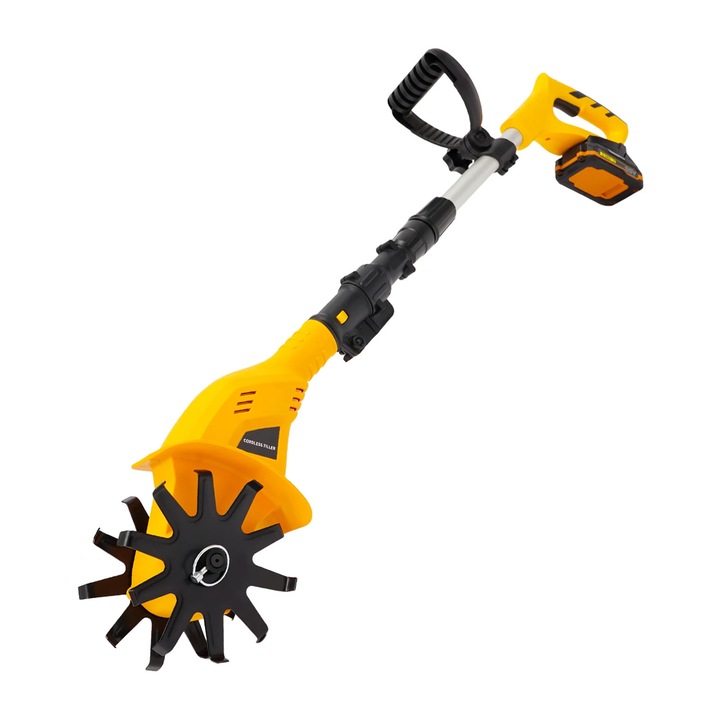Cultivator electric de grădină galben, fără fir, pe acumulator, adâncime de lucru 25 cm, lățime de 10, 5 cm